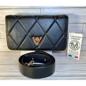Valentino Orlandi Black quilted Vegan Leather Handbag w/ Guitar Crossbody Strap